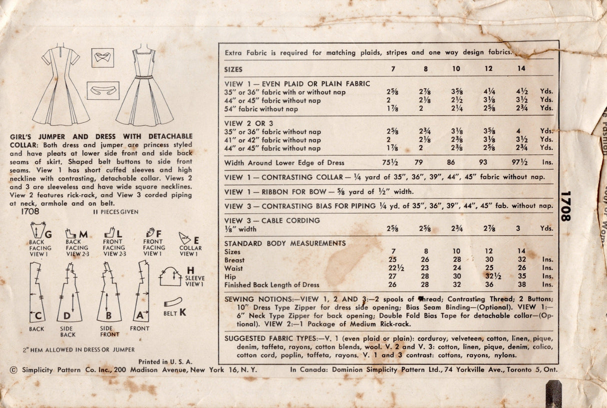 1950's Simplicity Child's Princess Line Dress Pattern with Detachable Collar - Chest 26" - No. 1708