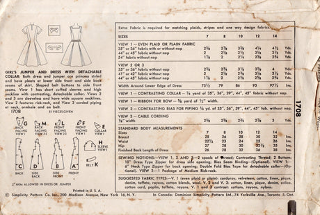 1950's Simplicity Child's Princess Line Dress Pattern with Detachable Collar - Chest 26" - No. 1708