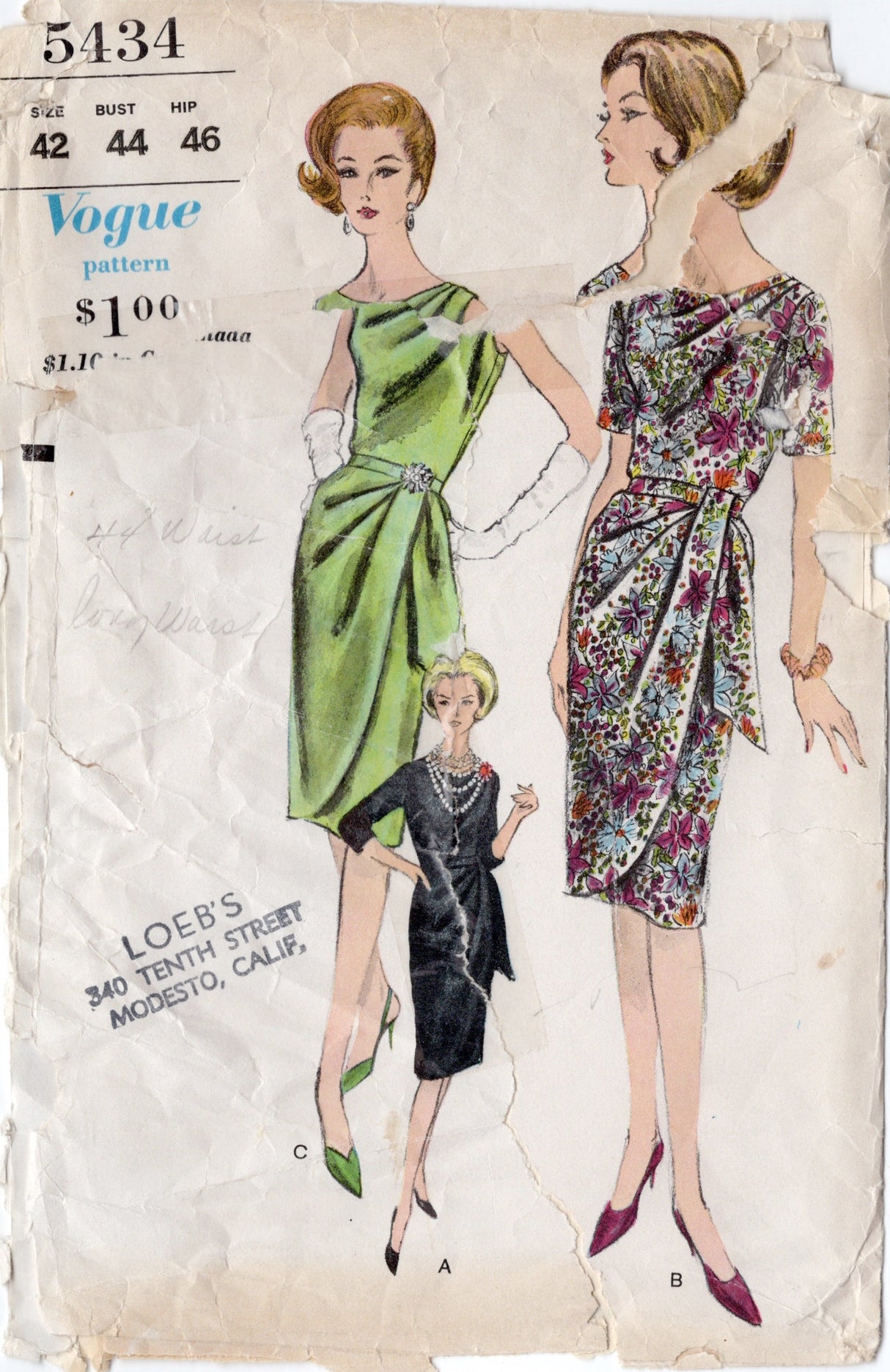 1960's Vogue One-Piece Dress with Draped Shoulder and Draped Skirt Pattern - Bust 44" - No. 5434