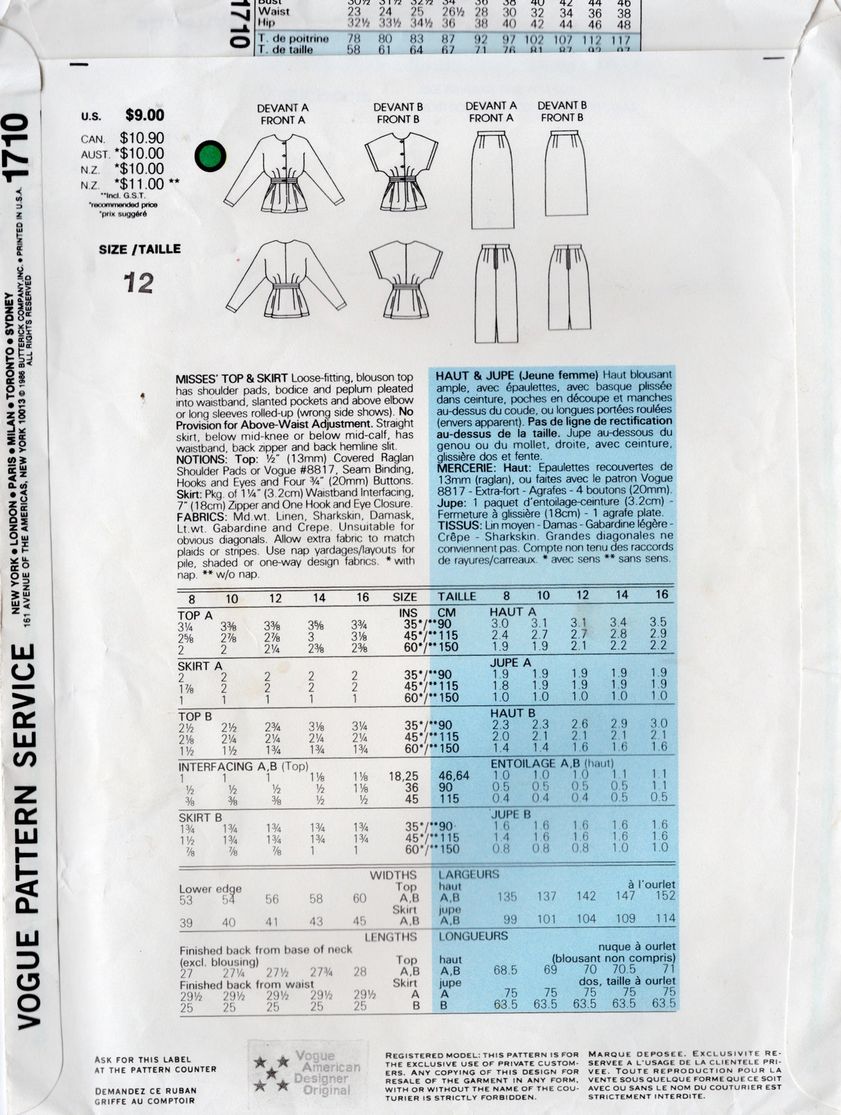 1980's Vogue Individualist Peplum Button Up Shirt and Pencil Skirt Pattern - TAMOTSU - Bust 34" - No. 1710