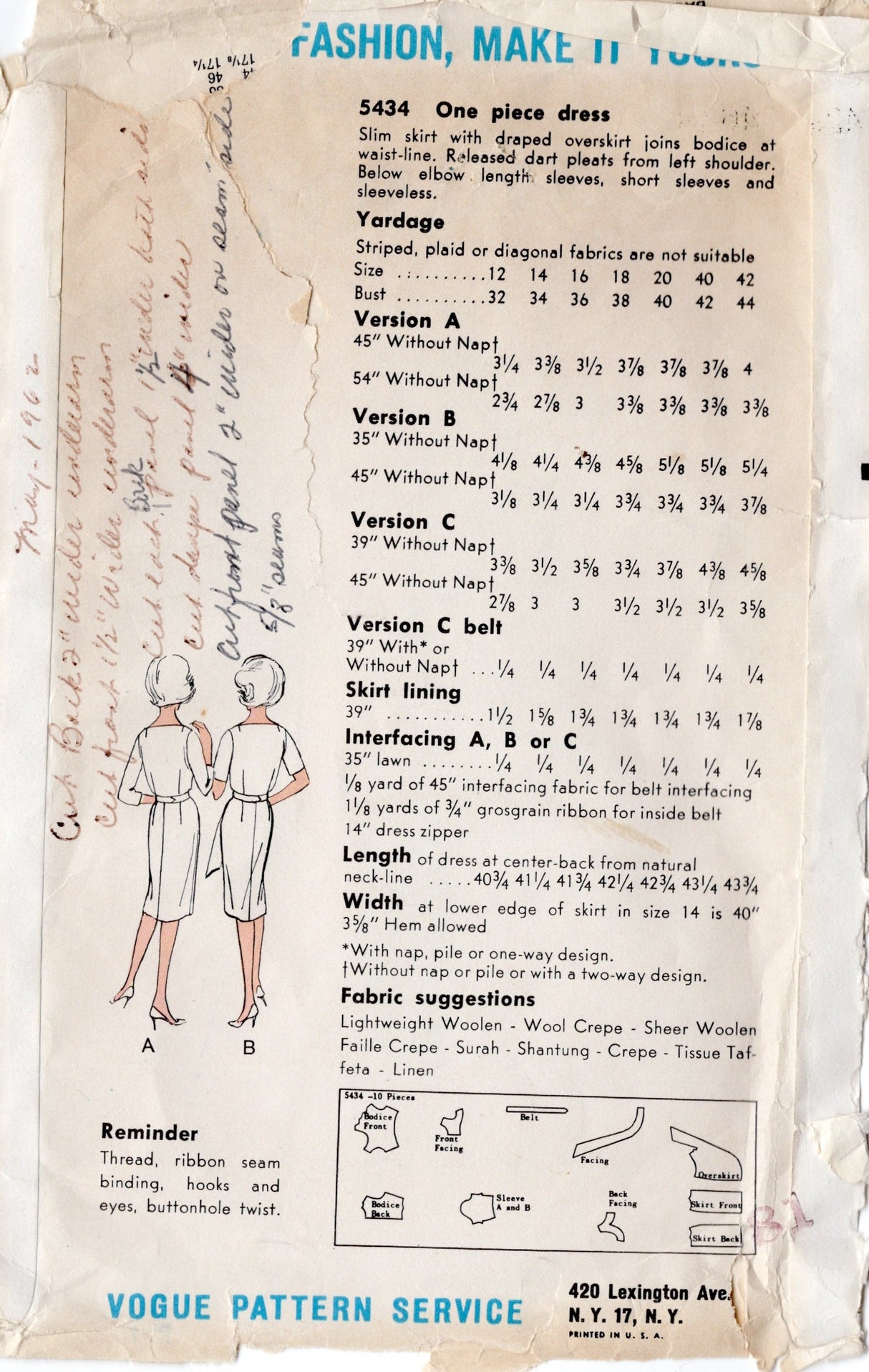 1960's Vogue One-Piece Dress with Draped Shoulder and Draped Skirt Pattern - Bust 44" - No. 5434