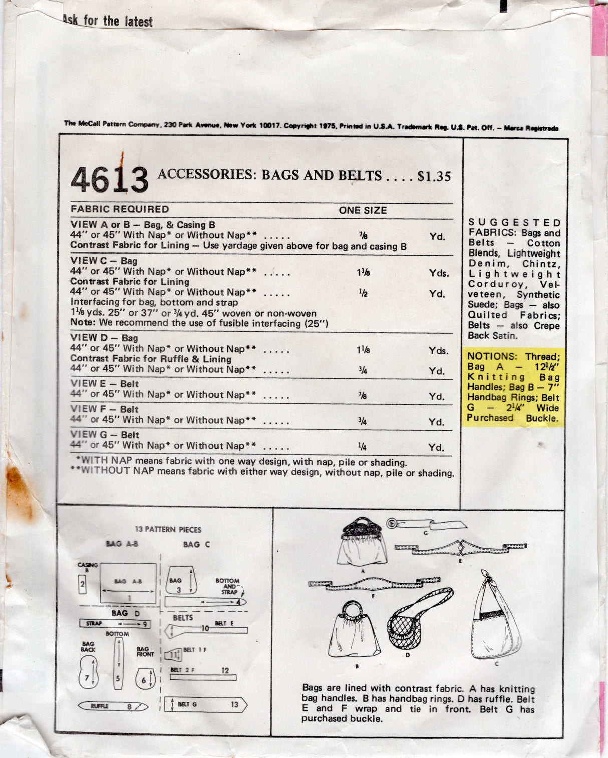 1970's McCall's Bag and Belt Pattern  - One Size - No. 4613