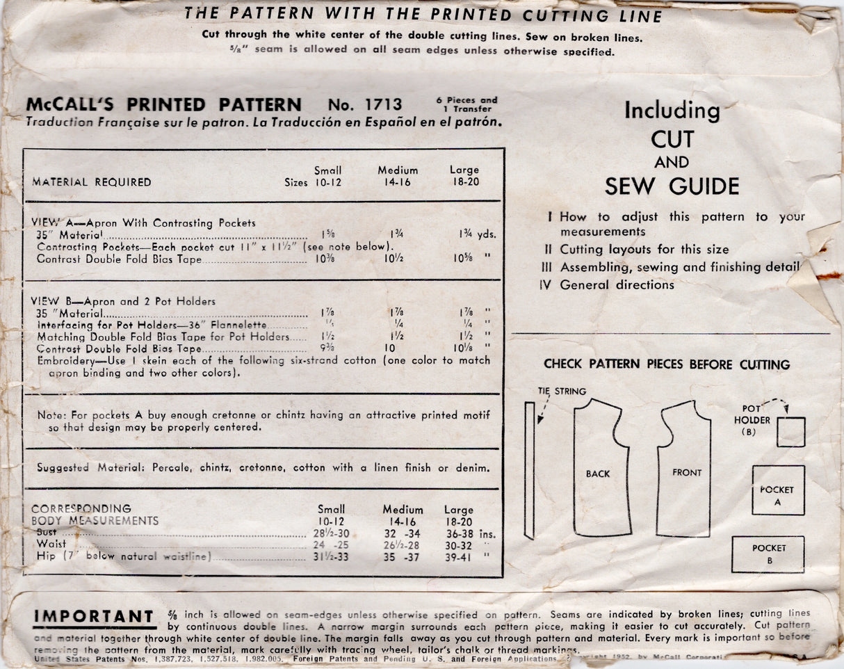 1950's McCall's Cobbler Apron and Pot holder Pattern - Bust 36-38" - No. 1713