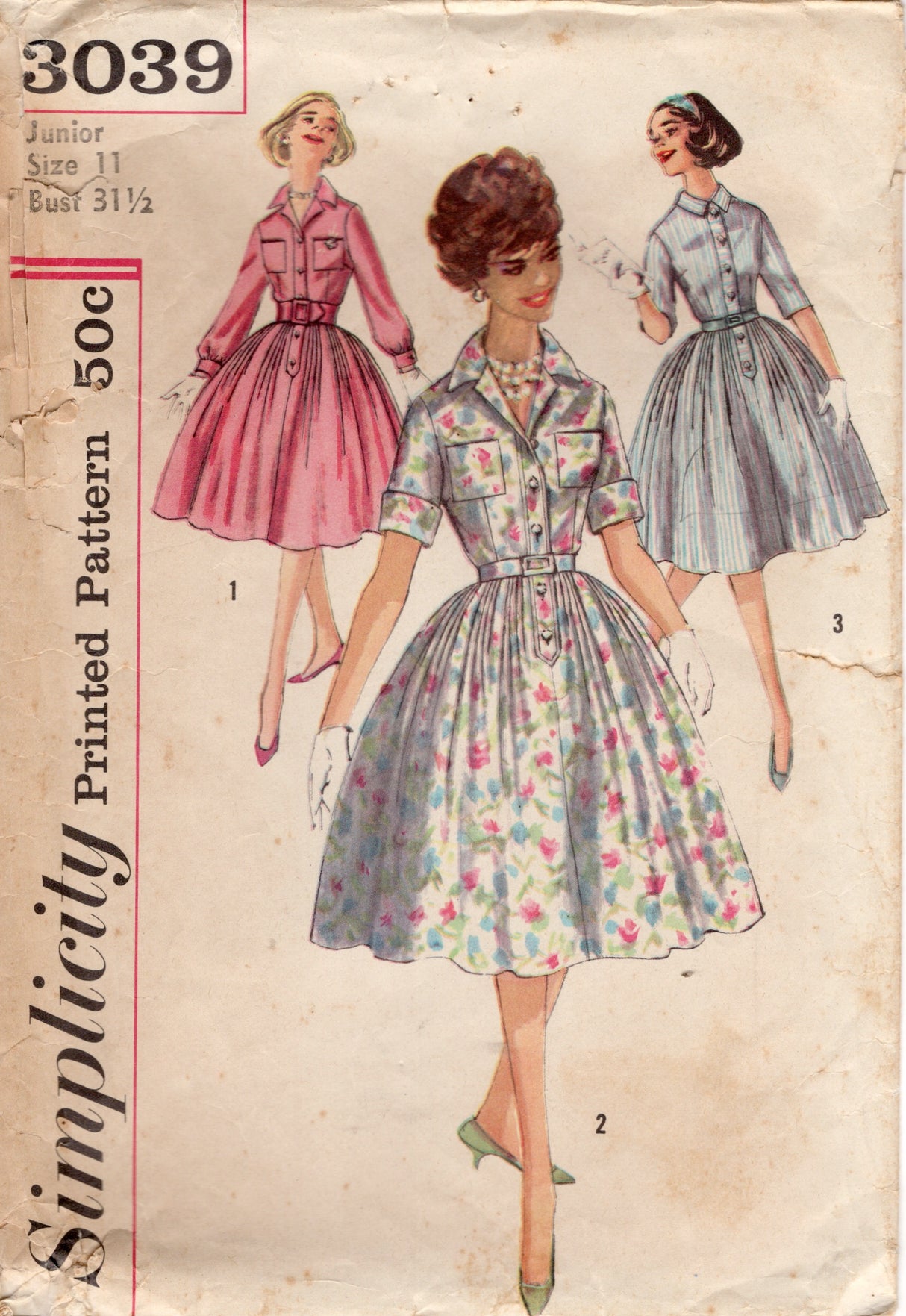 1950's Simplicity Shirtwaist Dress with Pleated Full Skirt Pattern - Bust 31.5" - No. 3039