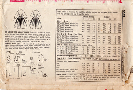 1950's Simplicity Shirtwaist Dress with Pleated Full Skirt Pattern - Bust 31.5" - No. 3039