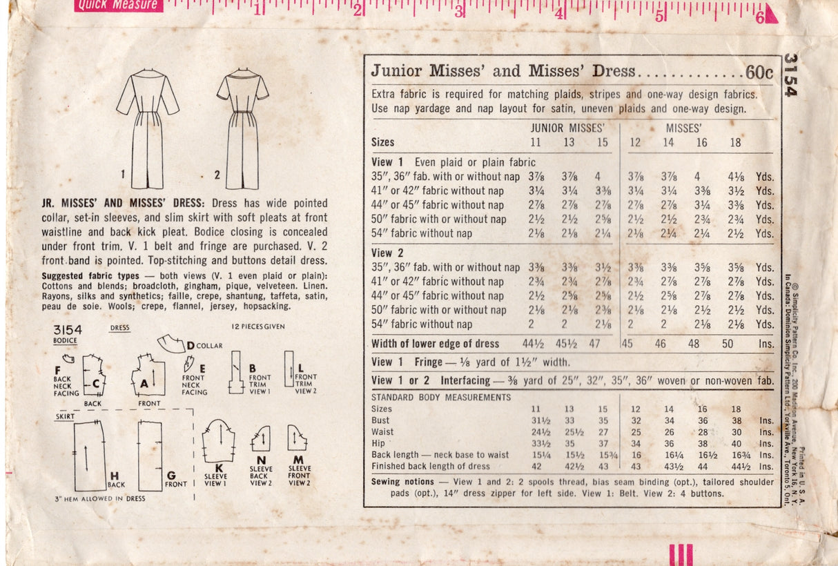 1950's Simplicity Tab Accent One Piece Dress Pattern - Bust 31.5" - No. 3145