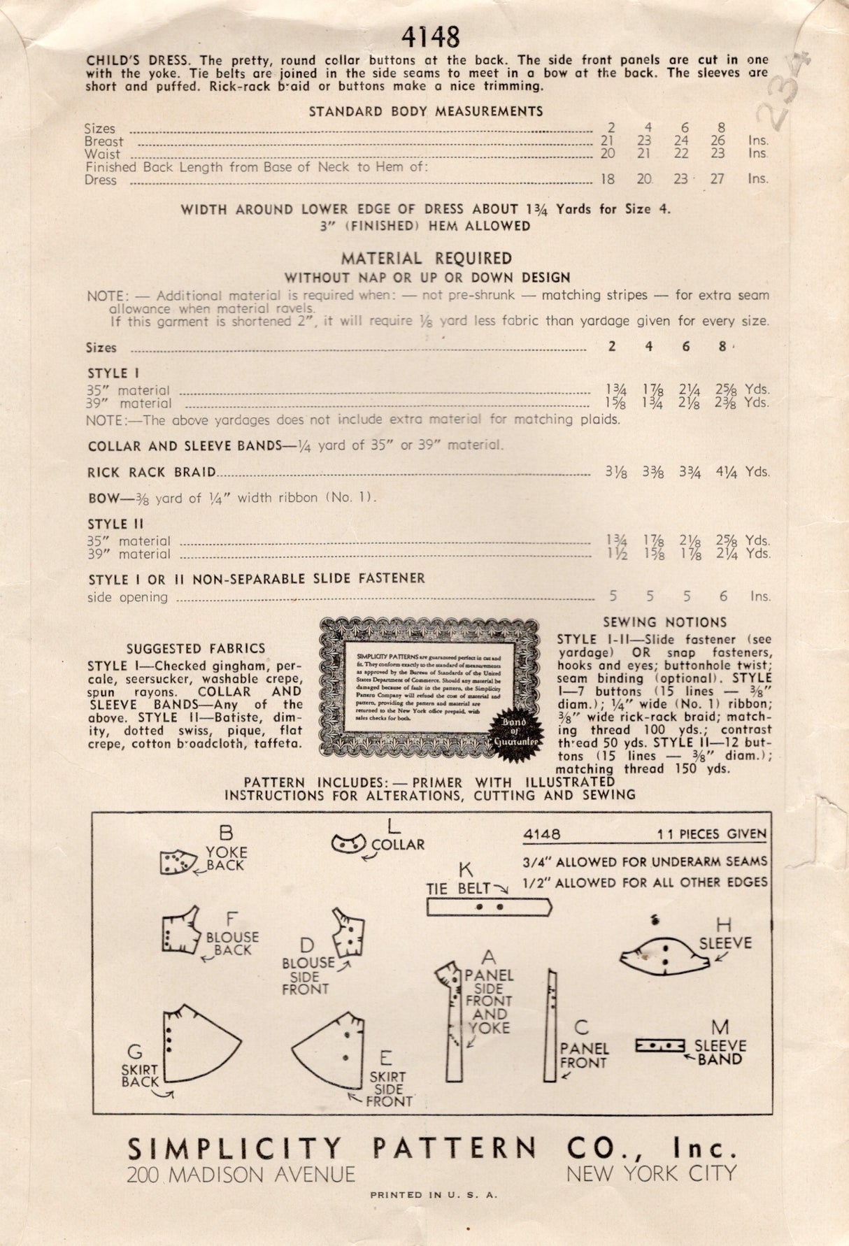 1940's Simplicity Child's Yoked Dress Pattern with Peter Pan Collar and Puff Sleeves - Chest 24" - No. 4148