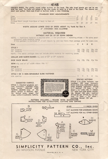1940's Simplicity Child's Yoked Dress Pattern with Peter Pan Collar and Puff Sleeves - Chest 24" - No. 4148