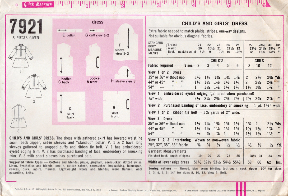 1960's Simplicity Child's Drop Waist Dress Pattern with Gathered Skirt - Chest 21" - No. 7921