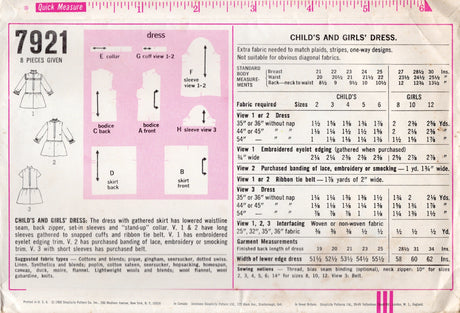 1960's Simplicity Child's Drop Waist Dress Pattern with Gathered Skirt - Chest 21" - No. 7921