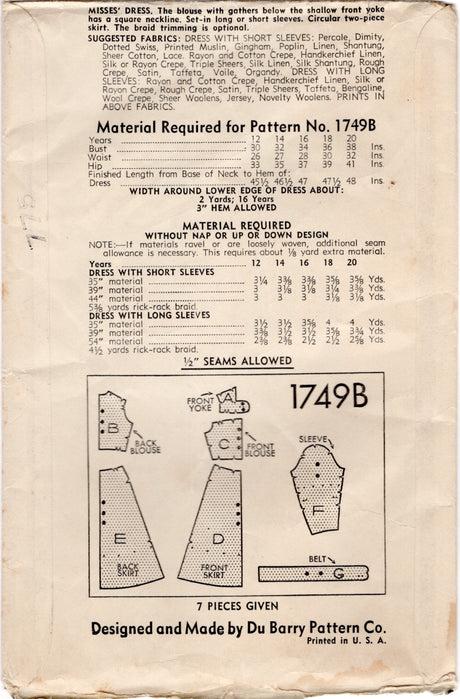 1930's DuBarry Yoked One Piece Dress Pattern - Bust 38" - No. 1749