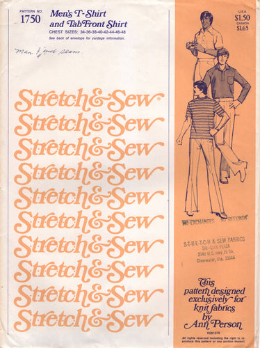 1970's Stretch & Sew Men's Pullover T-Shirt and Polo Shirts pattern - Chest 34-48
