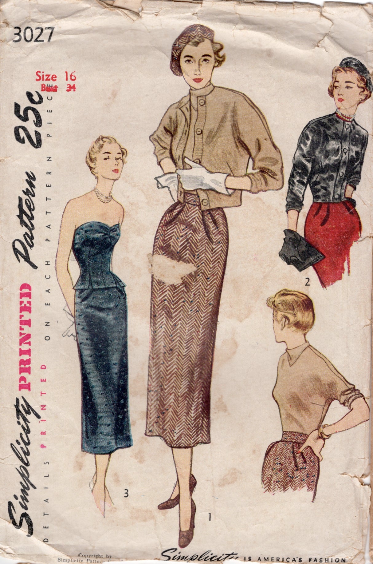 1950's Simplicity Strapless Top, Pencil Skirt, Sweater Blouse, Jacket and Beret Hat Pattern - Bust 34" - No. 3027