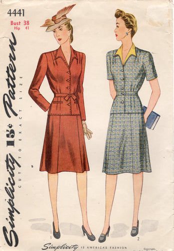 1940's Simplicity Two Piece Dress Pattern with Detachable Collar and A-Line Skirt - Bust 38