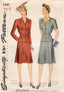 1940's Simplicity Two Piece Dress Pattern with Detachable Collar and A-Line Skirt - Bust 38" - No. 4441