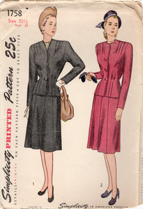 1940's Simplicity Two Piece Suit Pattern with Tucked Shoulders and Waist and Gored Skirt - Bust 39" - No. 1758