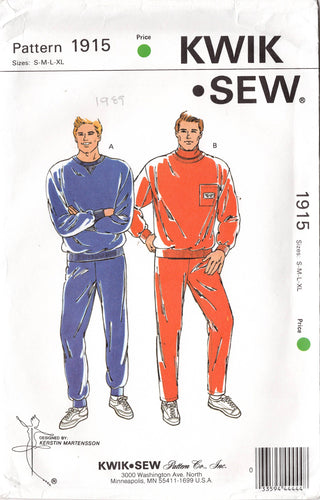 1980's Kwik Sew Men's Track Suit with Sweatshirt and Sweatpants pattern - Chest 34-48