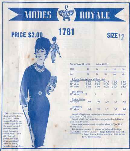 1960's Modes Royale Two Piece Dress Pattern with Cropped Bodice and Pencil Skirt - Bust 32