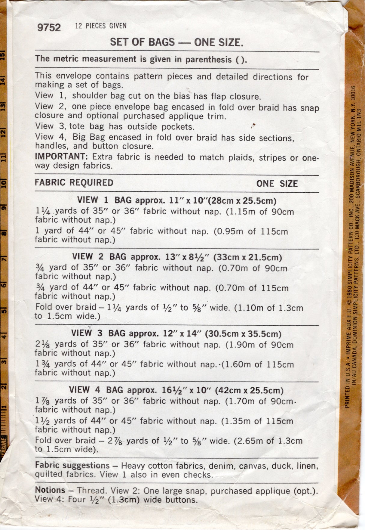1980's Simplicity Bag Pattern - No. 9752