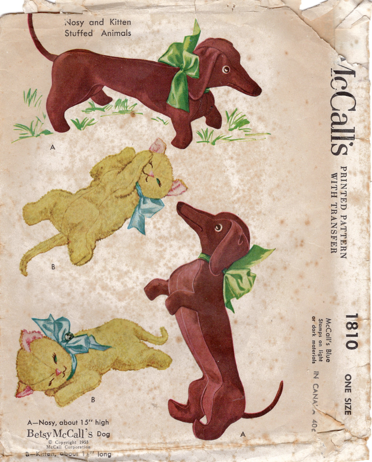 1950's McCall's Nosy Dog and Kitten Stuffed Animal Pattern - No. 1810