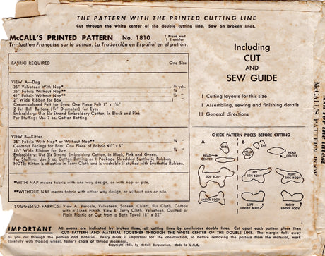 1950's McCall's Nosy Dog and Kitten Stuffed Animal Pattern - No. 1810