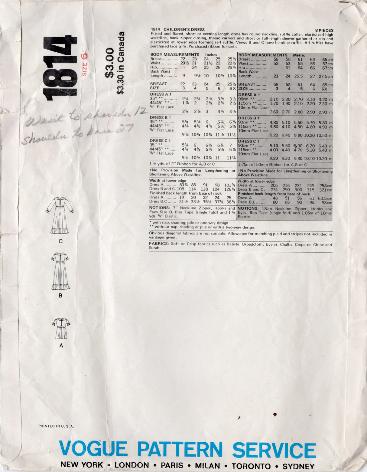 1970's Very Easy Little Vogue Child's Dress pattern - Chest 25" - No. 1814