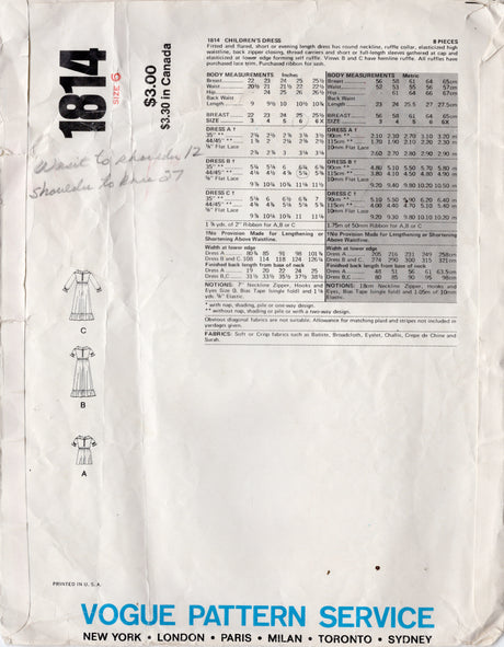 1970's Very Easy Little Vogue Child's Dress pattern - Chest 25" - No. 1814