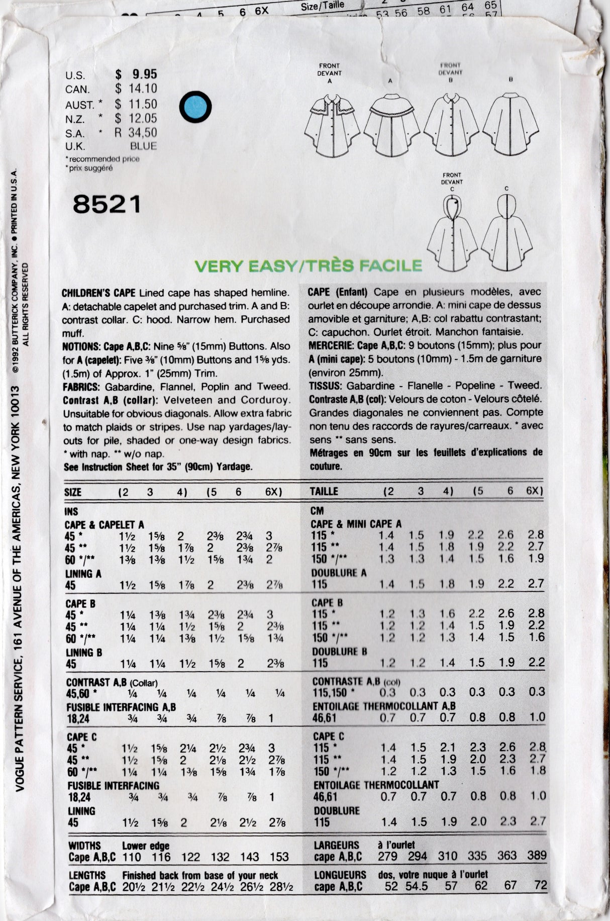 1990's Little Vogue Child's Cape with or without Hood pattern - Chest 21-23" - No. 8521
