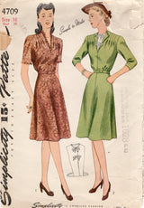 1940's Simplicity Tucked Shoulder One Piece Dress and Dickey Pattern - Bust 34" - No. 4709