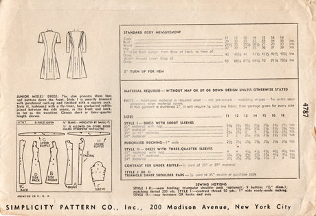 1940's Simplicity Button Front Princess Line Dress Pattern with optional Ruffle - Bust 34" - No. 4787