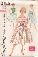 1950's Simplicity Fit and Flare Dress with Square  or Scoop Neckline - Bust 34" - No. 2512