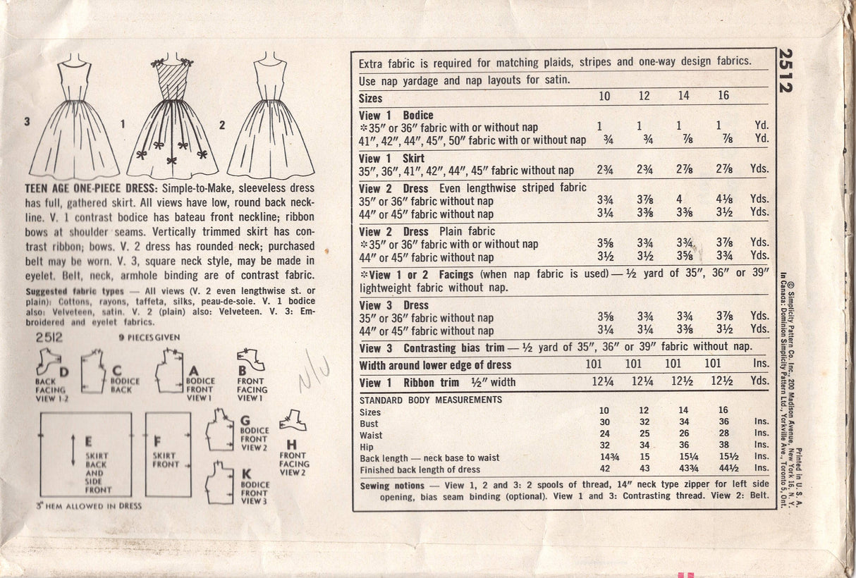 1950's Simplicity Fit and Flare Dress with Square  or Scoop Neckline - Bust 34" - No. 2512