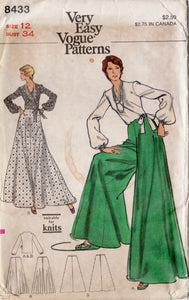 1970's Vogue Wrap Front Top, Maxi Skirt and Palazzo Pants Pattern - Bust 34" - no. 8433