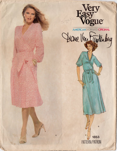 1970's Vogue American Designer Front Wrap Dress Pattern with Long or Elbow Length sleeves - Diane Von Furstenburg - Bust 34
