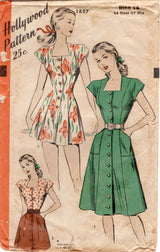 1940's Hollywood Playsuit and Button Front Skirt Pattern - Bust 34" - No. 1857