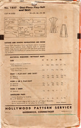 1940's Hollywood Playsuit and Button Front Skirt Pattern - Bust 34" - No. 1857