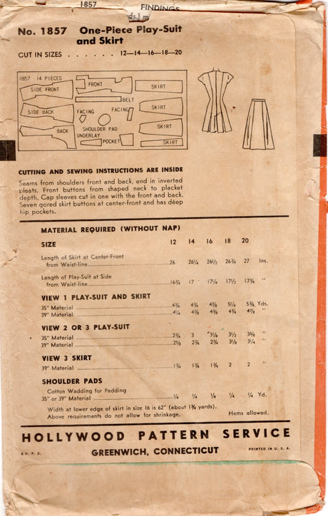 1940's Hollywood Playsuit and Button Front Skirt Pattern - Bust 34" - No. 1857