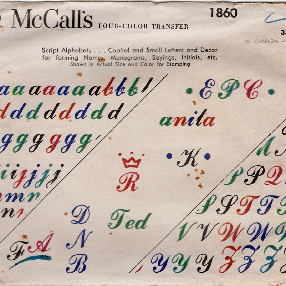 1950's McCall's Full Color Monogram Transfer - No. 1860 – Backroom Finds