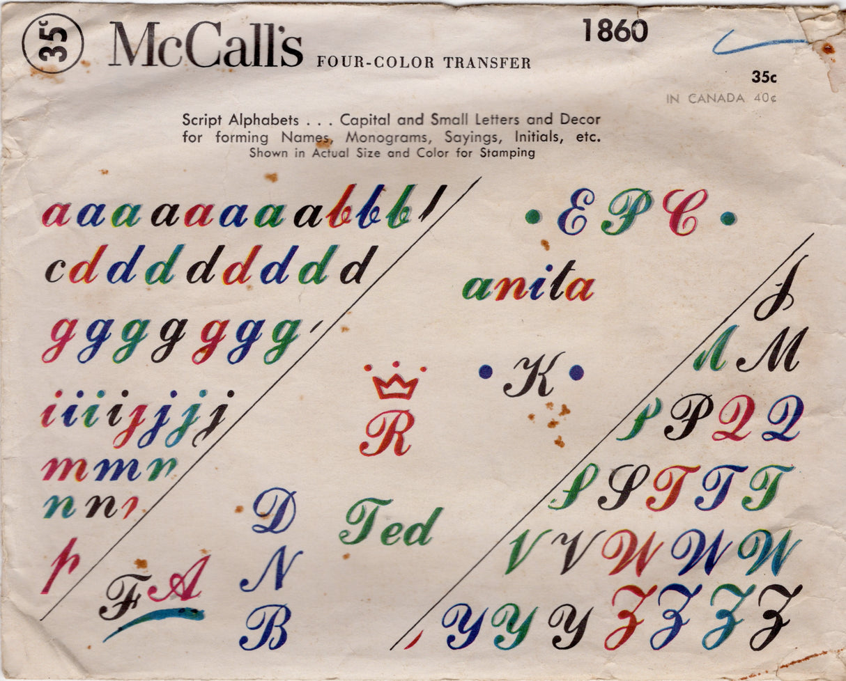 1950's McCall's Full Color Monogram Transfer -  No. 1860