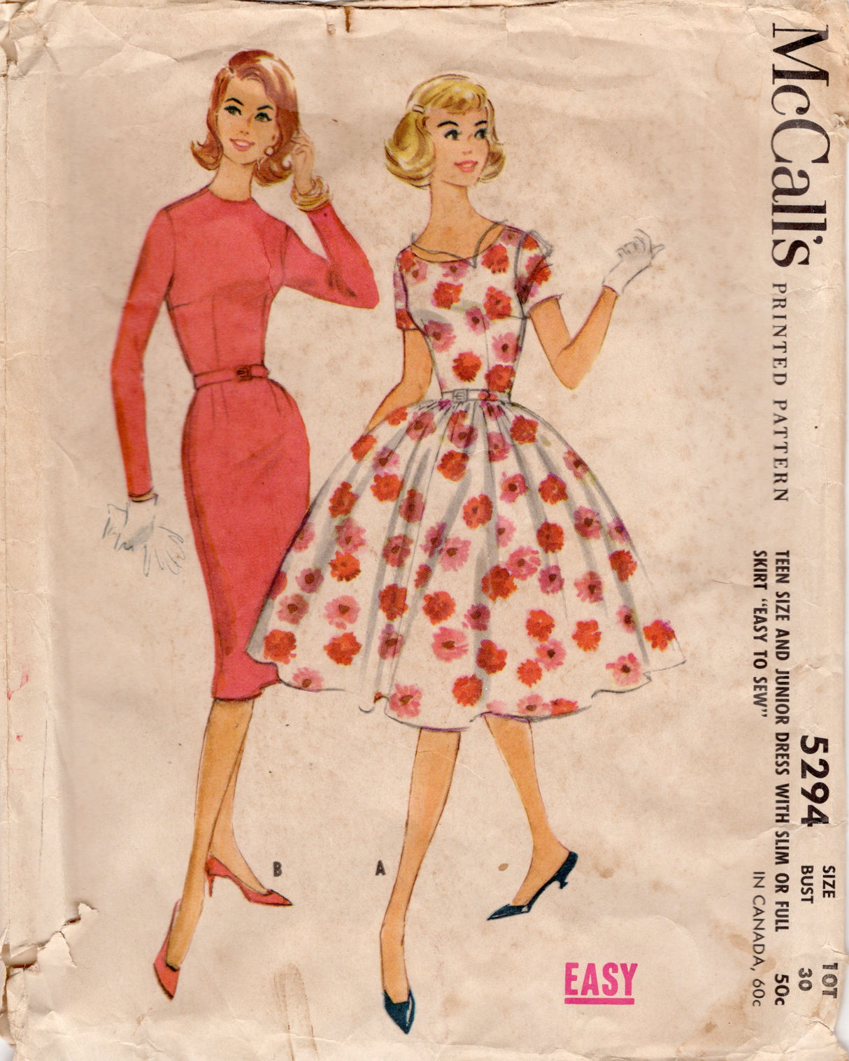 1950's McCall's Fit and Flare or Sheath Dress Pattern with High or Boat Neckline - Bust 30" - No. 5294