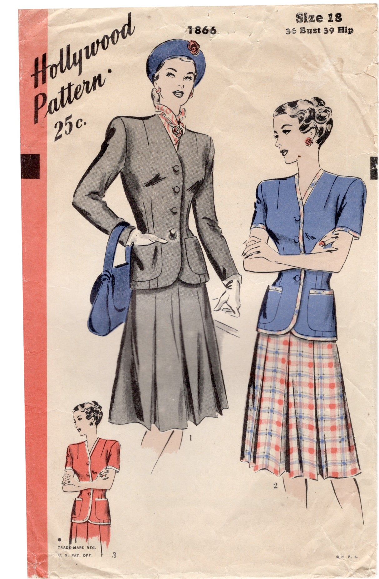 1940's Hollywood Two Piece Suit Dress Pattern - Bust 36" - No. 1866