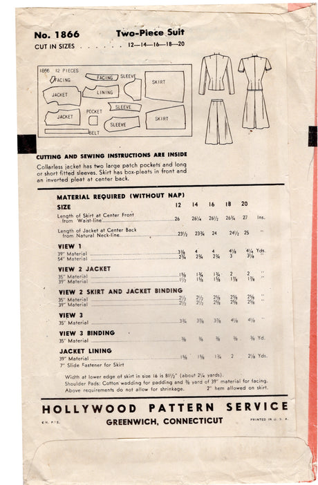 1940's Hollywood Two Piece Suit Dress Pattern - Bust 36" - No. 1866