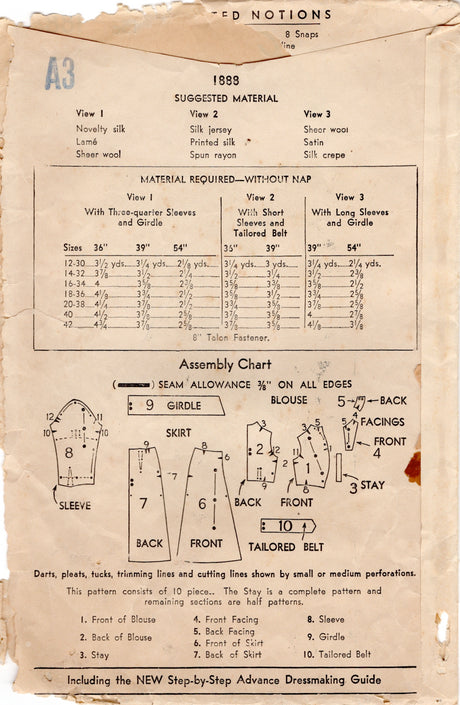 1930's Advance One Piece Dress with Gathered Front Bodice and Puff Sleeve - Bust 32" - No. 1888