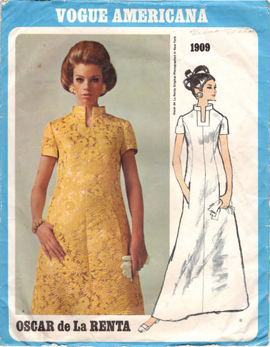 1960's Oscar de la Renta Vogue Americana One Piece Maxi or Midi Dress with Mandarin Collar - UC/FF - Bust 36