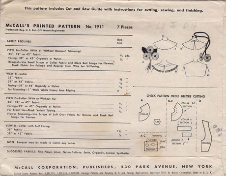 1950's McCall's Collar and Matching Bouquet - No. 1911
