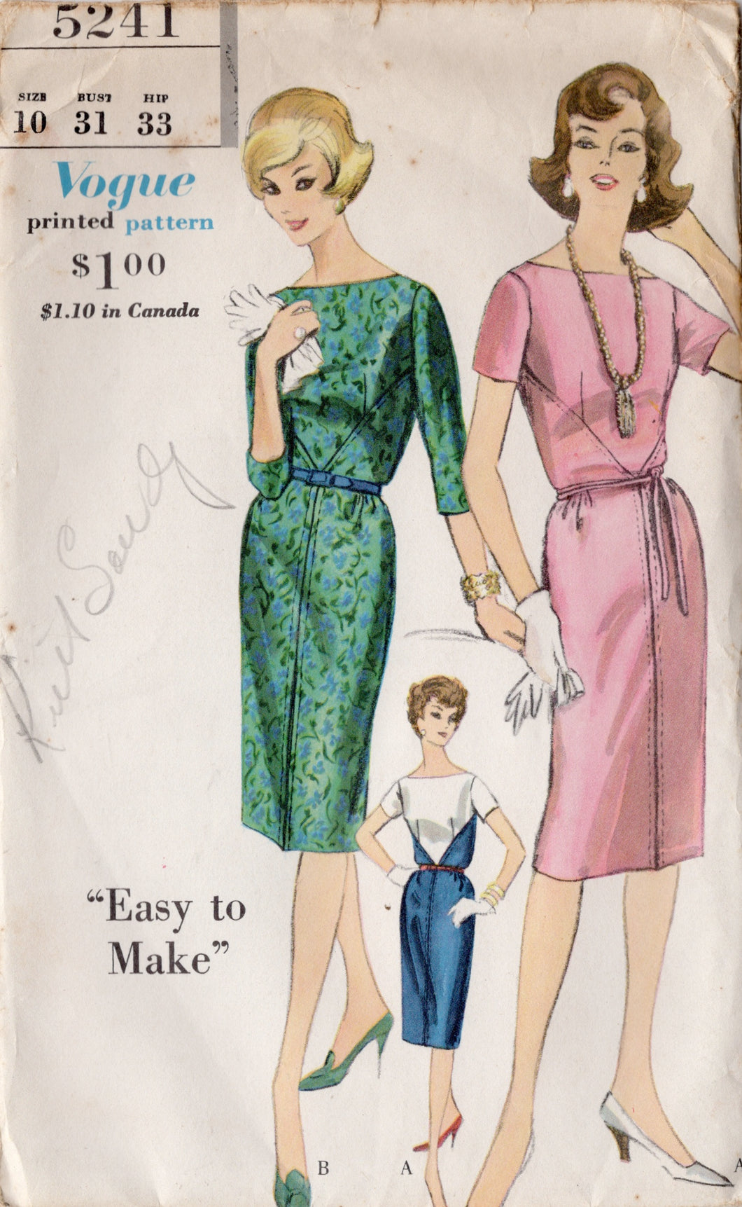 1960’s Vogue One Piece Diagonal Accent Panel Dress Pattern with Princess Line Bodice - Bust 31” - No. 5241