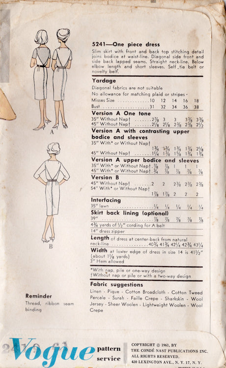 1960’s Vogue One Piece Diagonal Accent Panel Dress Pattern with Princess Line Bodice - Bust 31” - No. 5241