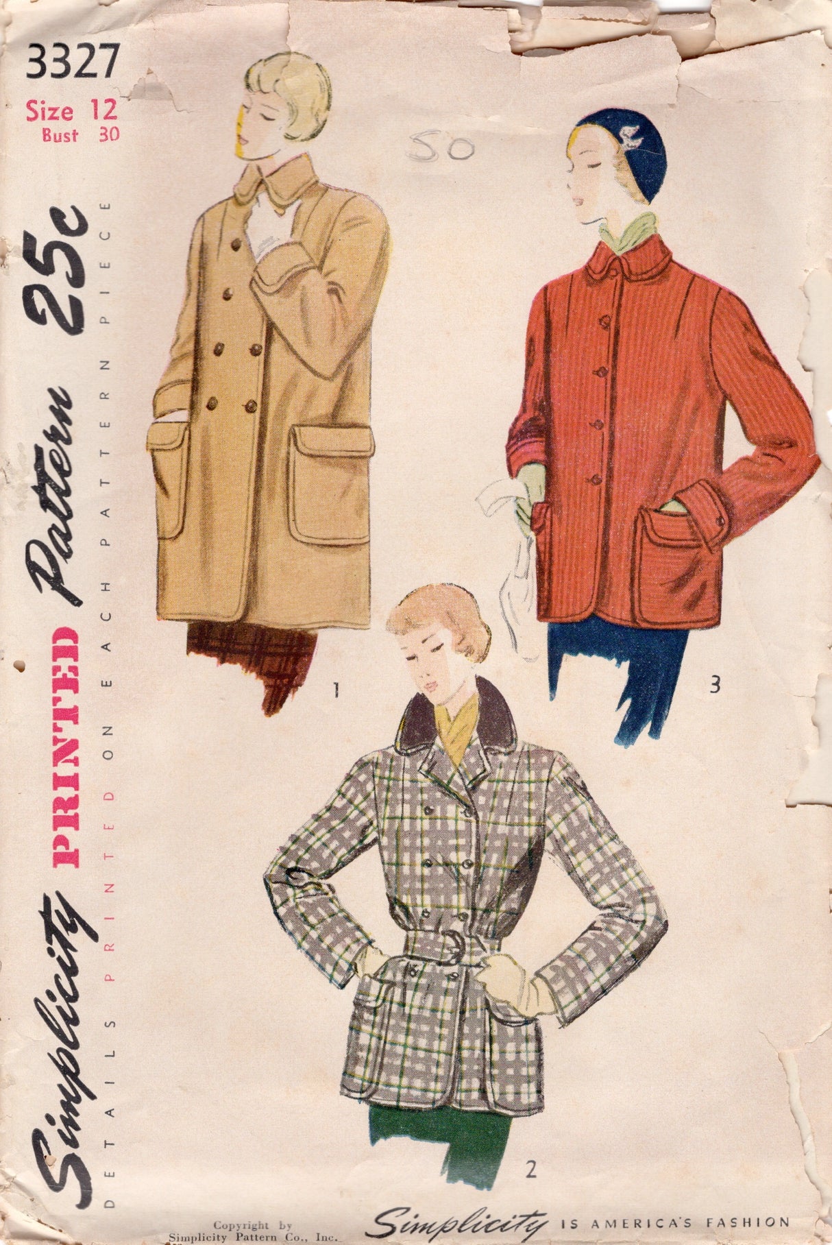 1950's Simplicity Double or Single Breasted Jacket Pattern - Bust 30" - No. 3327