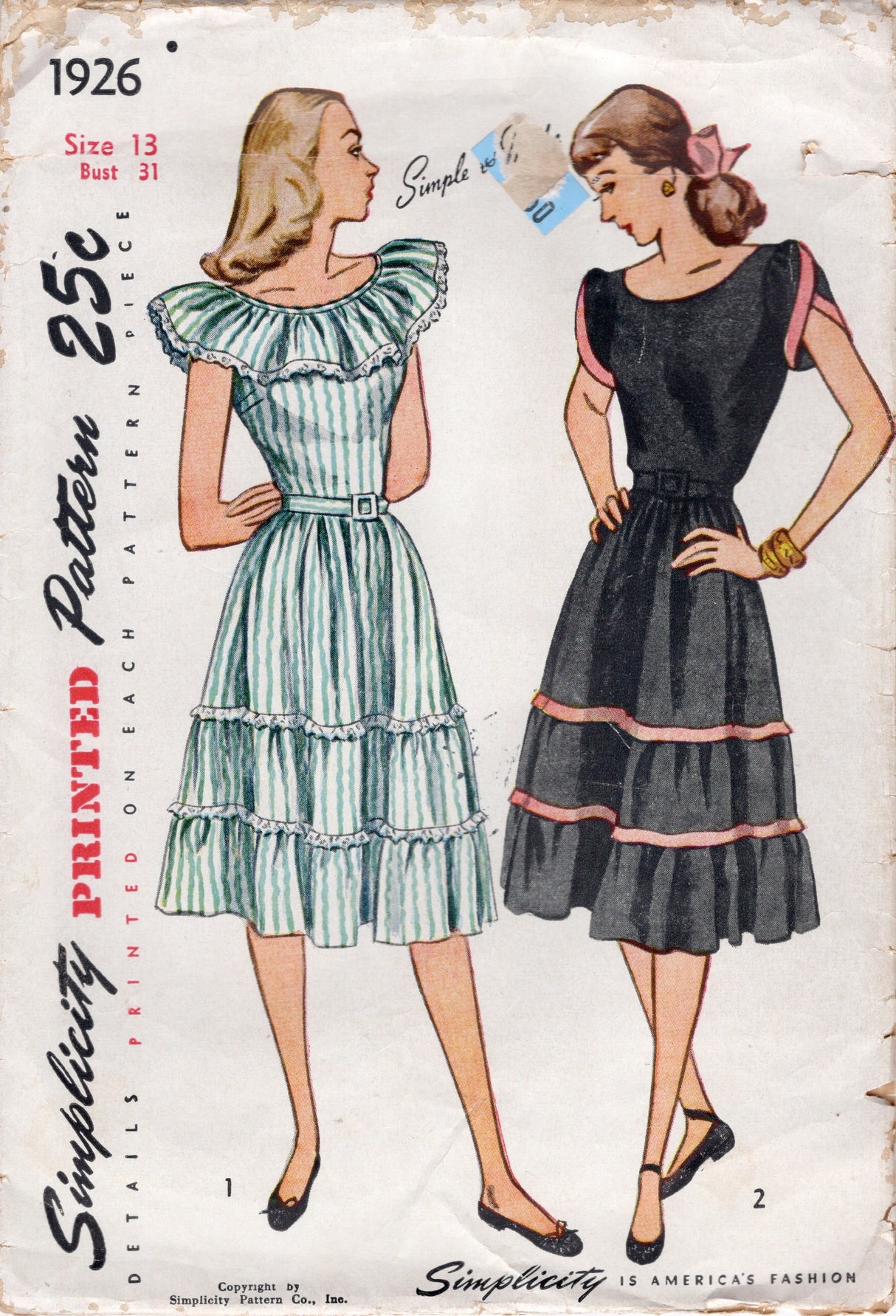 1940's Simplicity One Piece Dress Pattern with Ruffle Collar and Petal Collar - Bust 31" - No. 1926