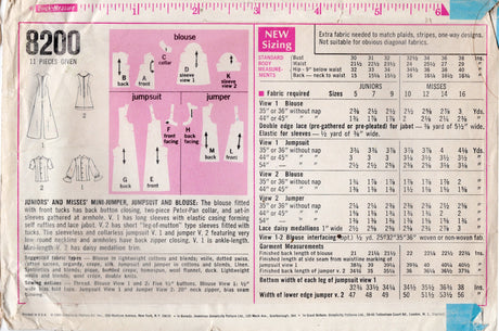 1960's Simplicity Mini-Jumper, Jumpsuit and Blouse Pattern - Bust 34"  - no. 8200